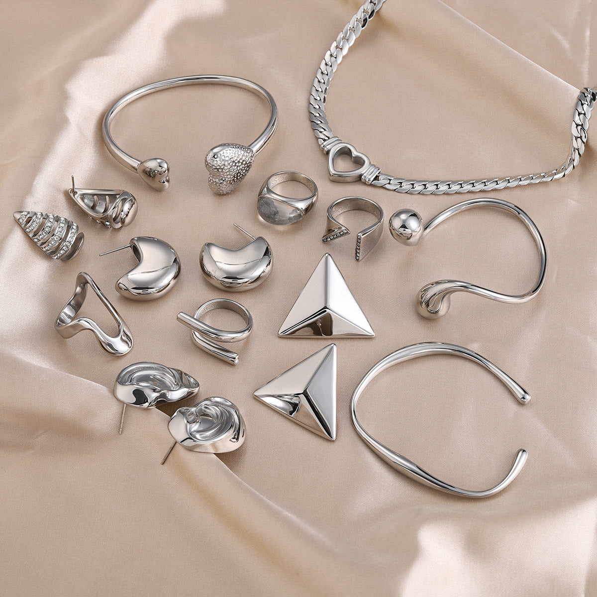 Minimalist Geometric Stainless Steel Bracelet Ring and Earrings Set with Polished Finish