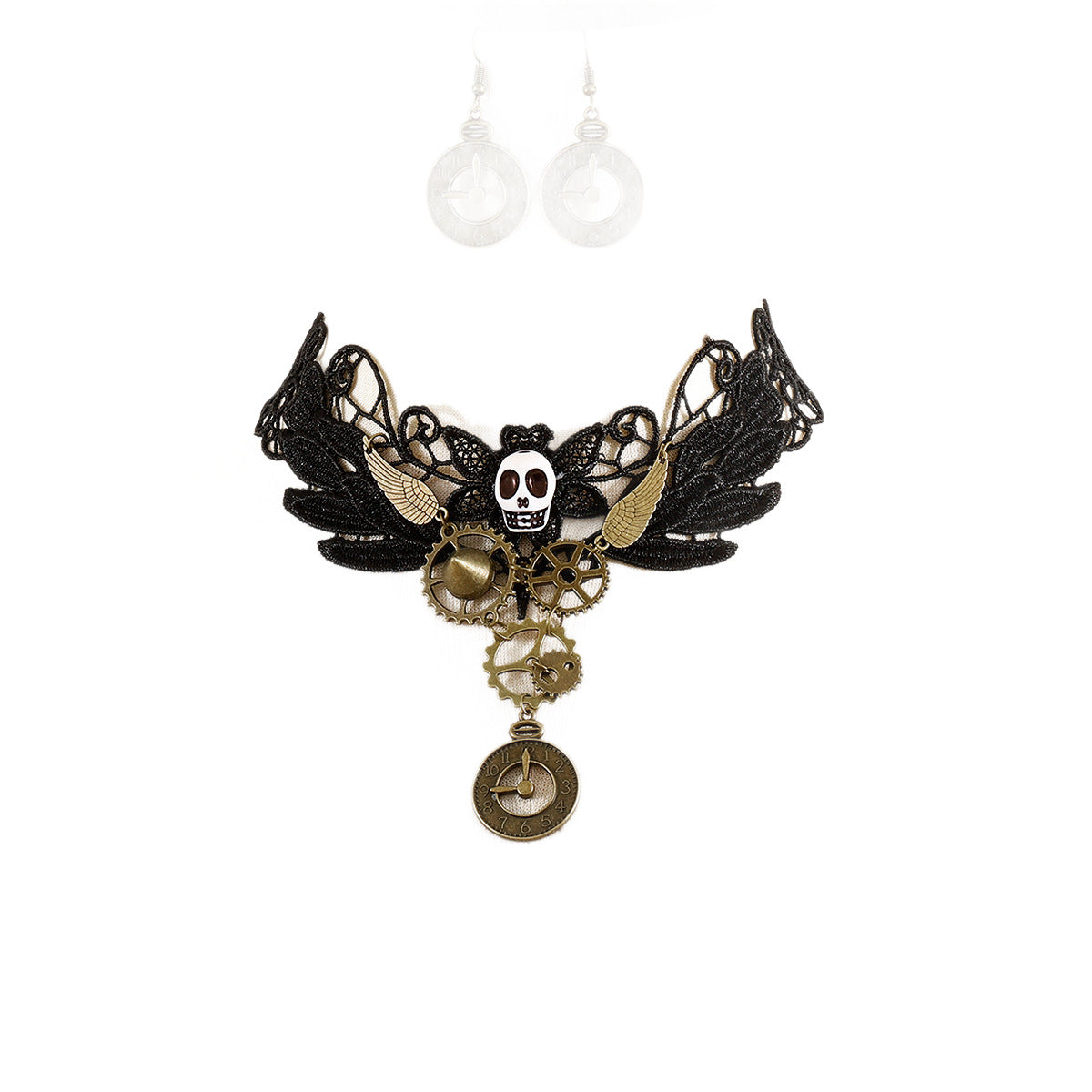 Conjunto de collar y pendientes de aleación con forma de reloj vintage con diseño de engranaje de encaje para mujer