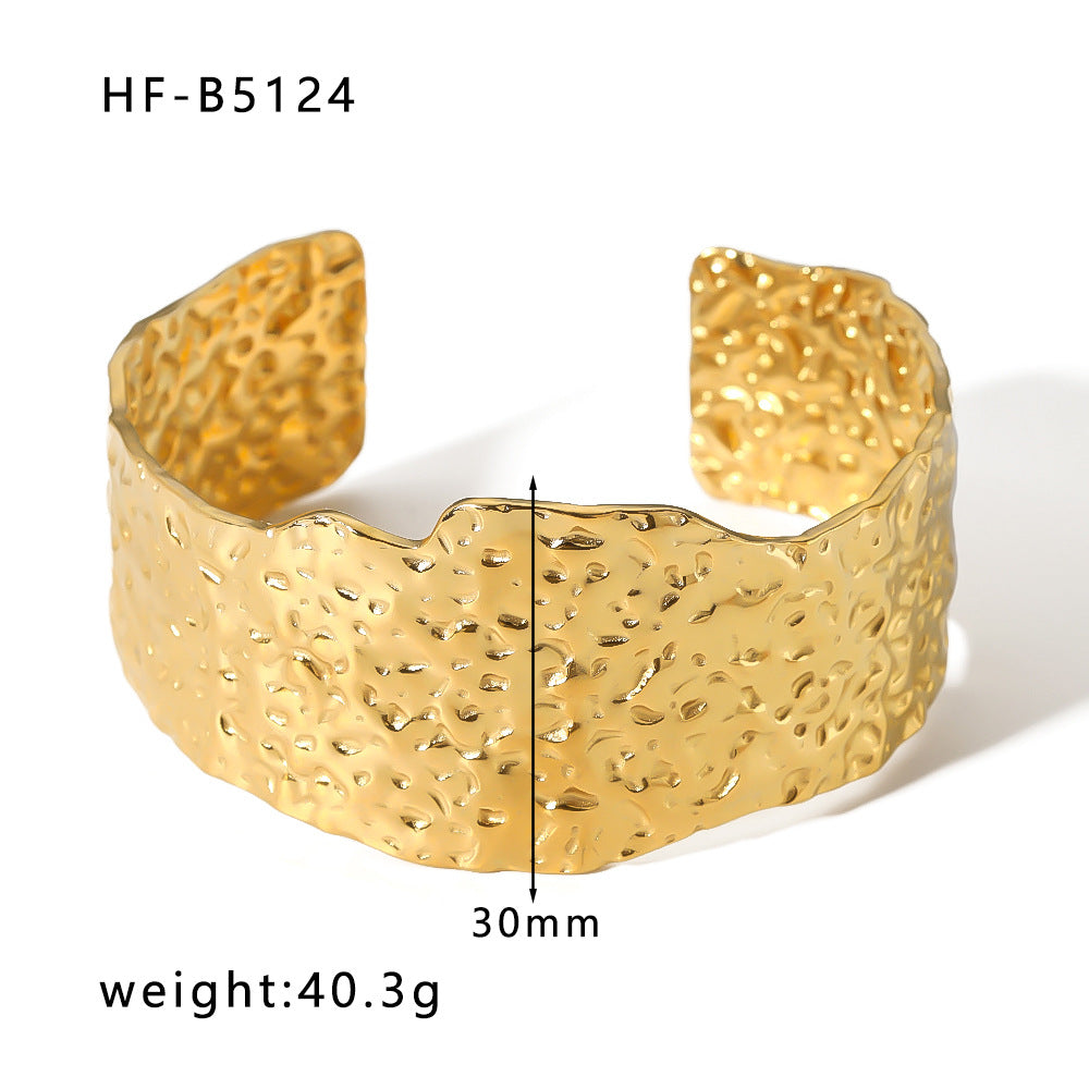 Adjustable Open Bangle Bracelet for Women in Stainless Steel with 18K Gold Plating, Hollow-Out Design, Textured Chain and Irregular Woven Pattern