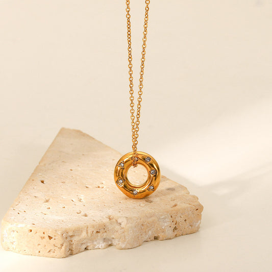 Minimalist Geometric Hollow Circle Pendant Necklace for Women in Stainless Steel with 18K Gold Plating and Zircon Inlay
