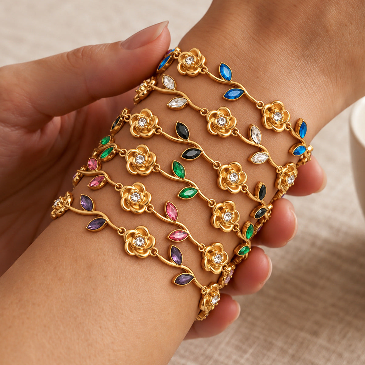 Luxury Elegant Rose Flower Teardrop Shape PVD 18K Gold Plated Stainless Steel Rhinestone Bracelet for Women