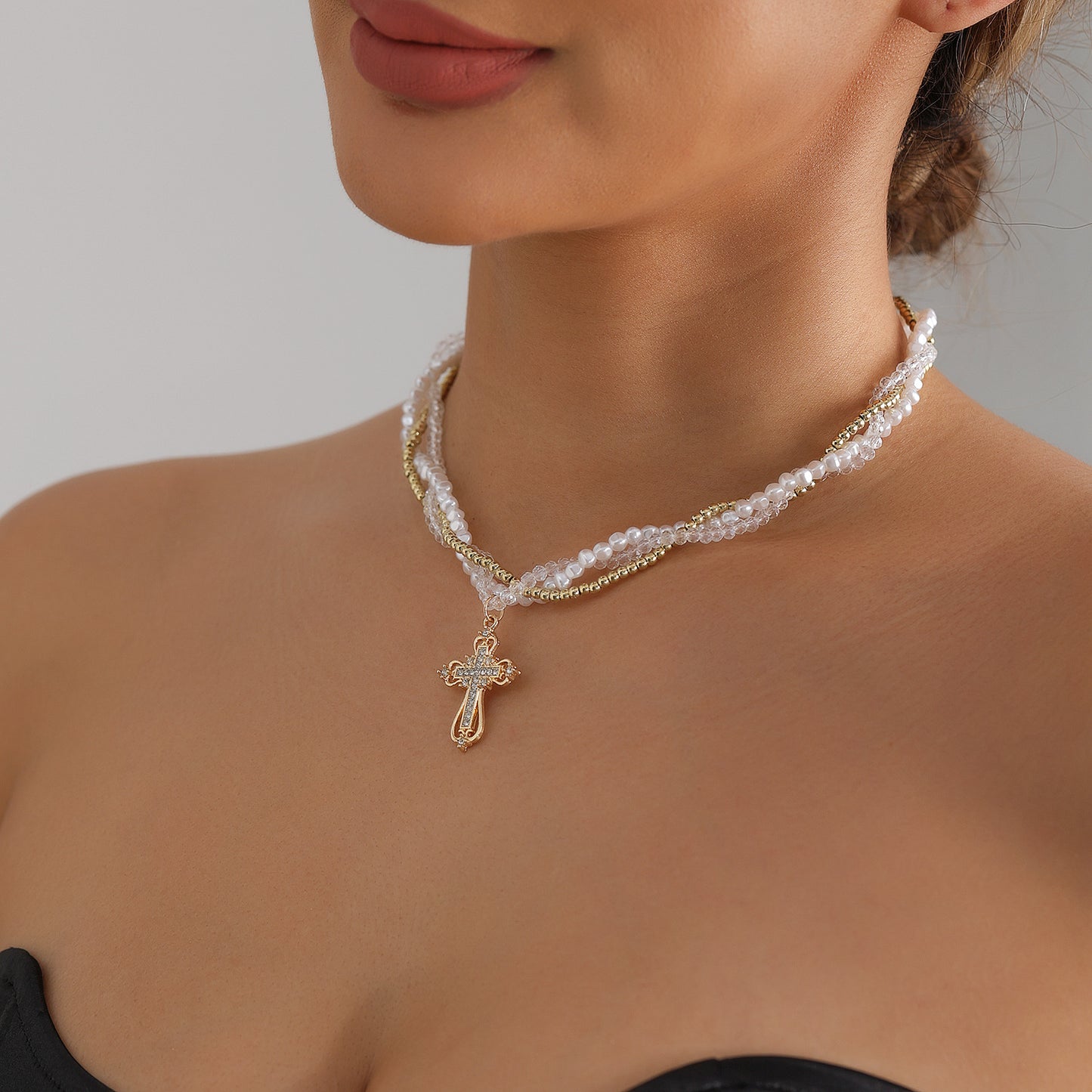 Geometric Cross Rhinestone Inlay Alloy Rope Chain Necklace for Women
