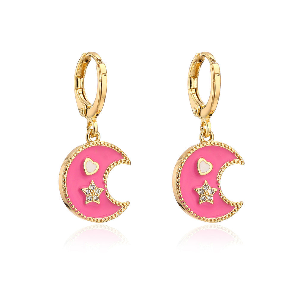 Orecchini minimalisti a forma di stella e luna in rame placcato oro 18K con finitura smaltata da donna