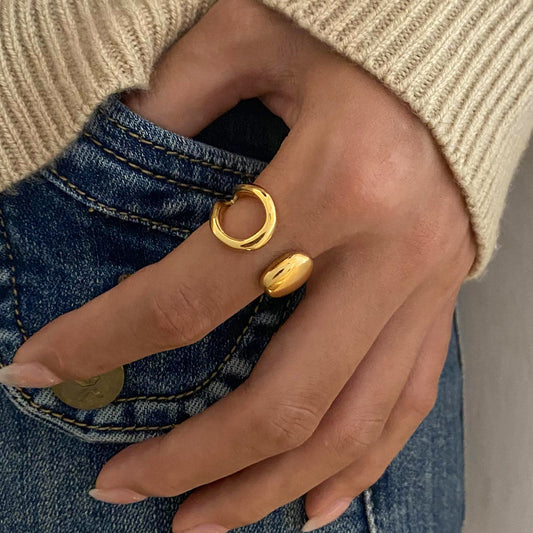 Geometric Stainless Steel Ring with 18K Gold Plating, Open-End Asymmetrical Design, Minimalist Unisex Fashion Jewelry