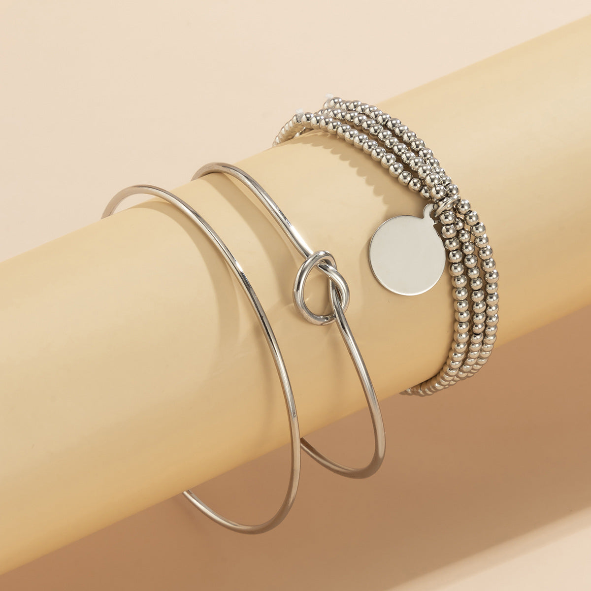 Punk Style Geometric Shiny Round Hoop Bracelet Set for Women with Plated Finish and Elastic Beaded Design