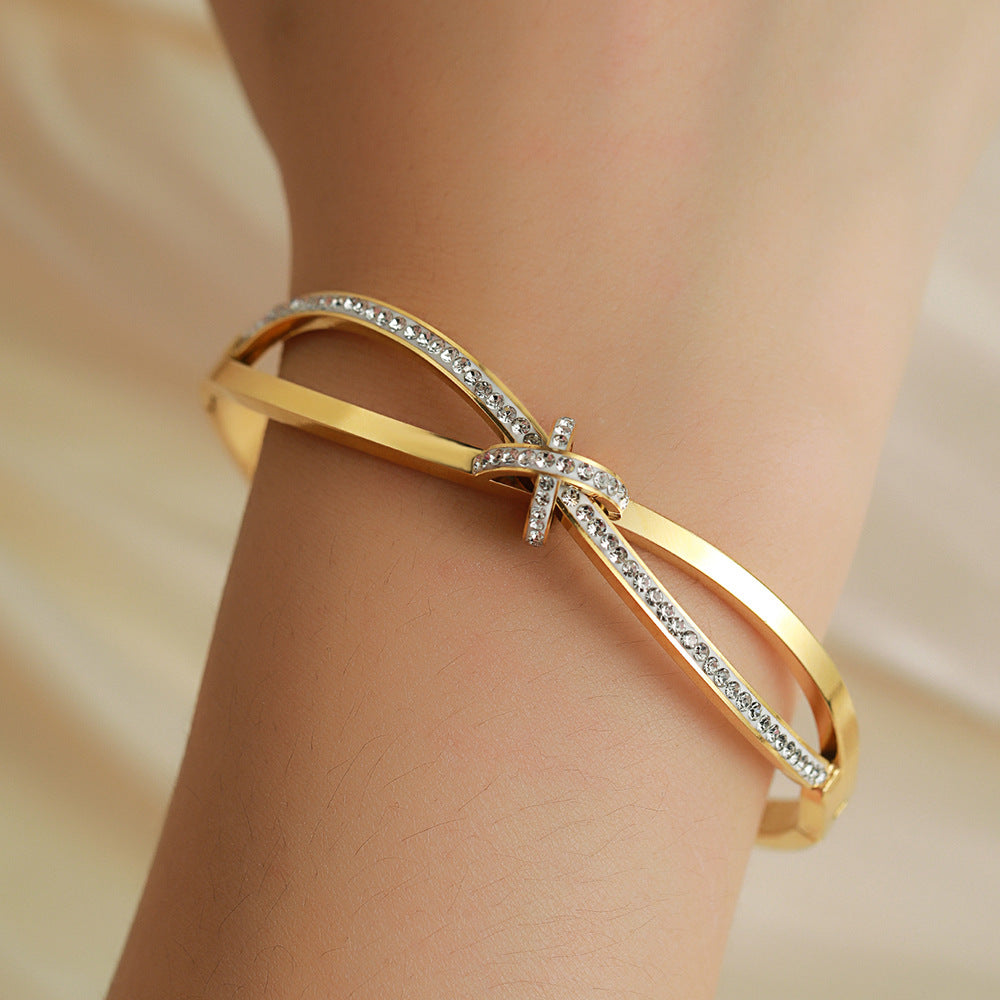 Minimalist Geometric Titanium Steel Paved Cubic Zirconia Bow Bracelet