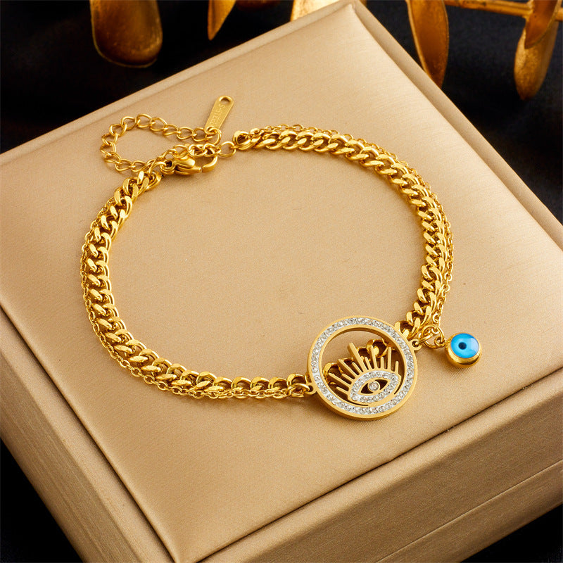 Bracciale alla moda minimalista in acciaio al titanio con ciondoli a cuore e farfalla e intarsio di strass, per donne