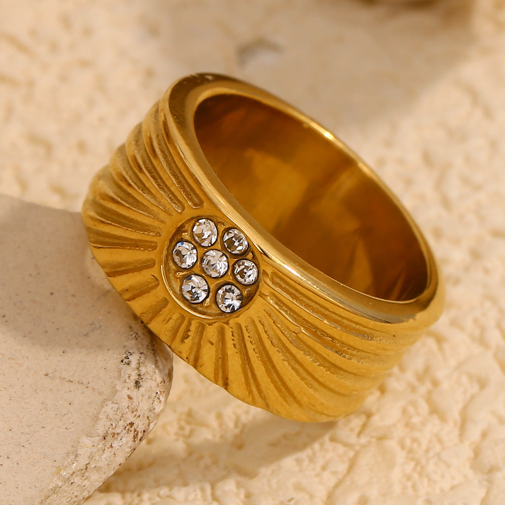 Minimalist Geometric Stainless Steel Ring with 18K Gold Plating and Round Zirconia for Women