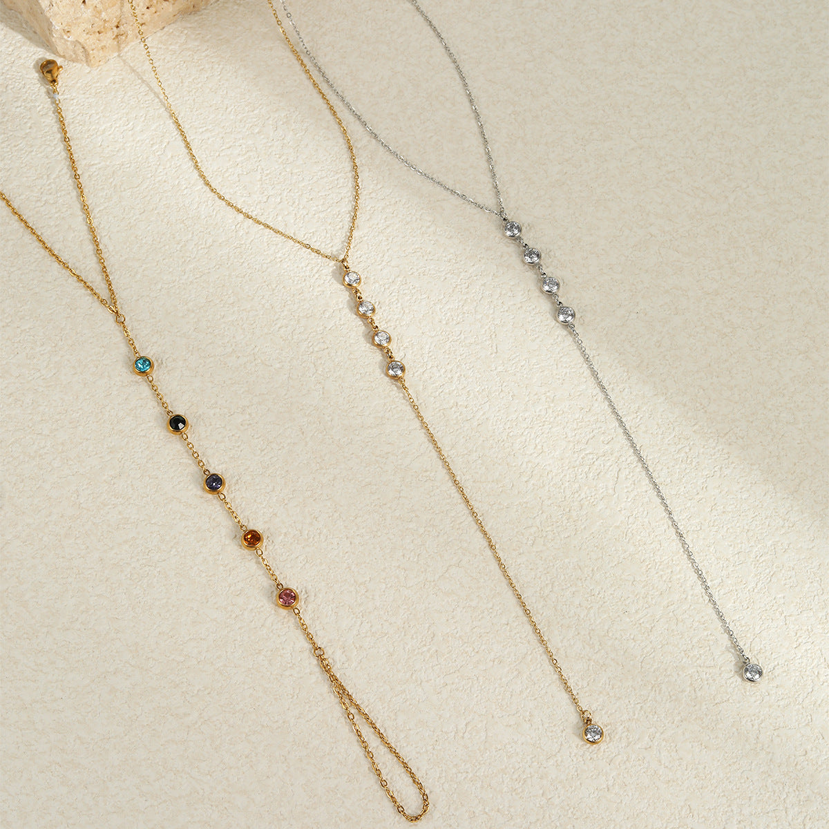 Fashionable OL Style Geometric Stainless Steel Y-Necklace with Colorful Zircon Inlay for Women