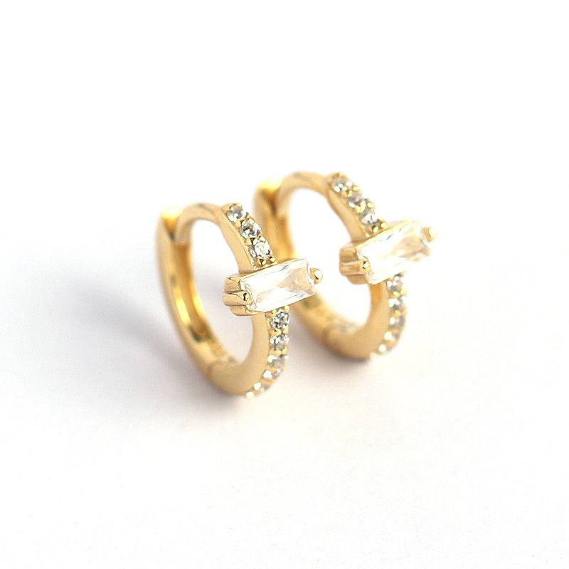 Minimalist Elegant 925 Sterling Silver Rectangle Geometric Inlaid Cubic Zirconia Hoop Earrings