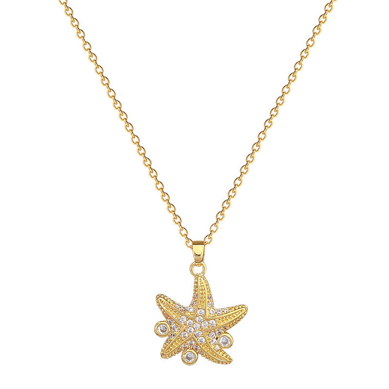Cartoon Style Starfish-Shaped Titanium Steel Necklace with Rhinestone Inlay for Women and Men, Delicate Clavicle Chain
