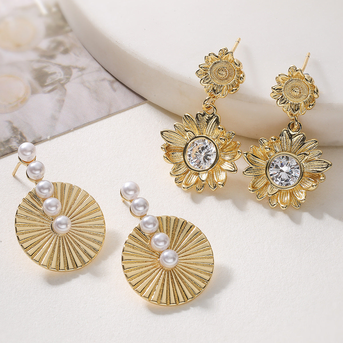 Minimalist 18K Gold Plated Brass Geometric Floral Earrings with Cubic Zirconia and Pearl for Women