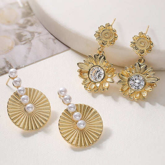 Minimalist 18K Gold Plated Brass Geometric Floral Earrings with Cubic Zirconia and Pearl for Women