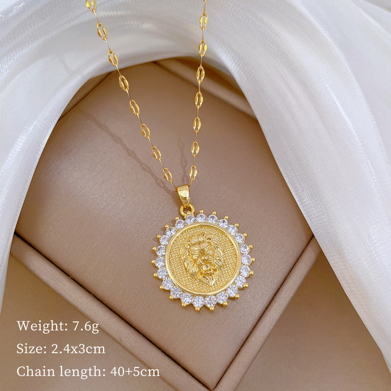 Minimalist Round Lion Head Pendant Necklace for Women and Men in Titanium Steel with Rhinestone Inlay on Snake Chain