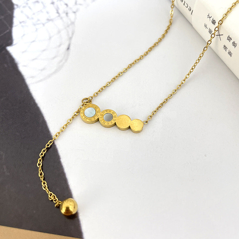 Collana Minimalista Geometrica in Acciaio Titanio con Pendente in Numero Romano di Abalone Bianco, Catena Ipoallergenica in Acciaio Inossidabile