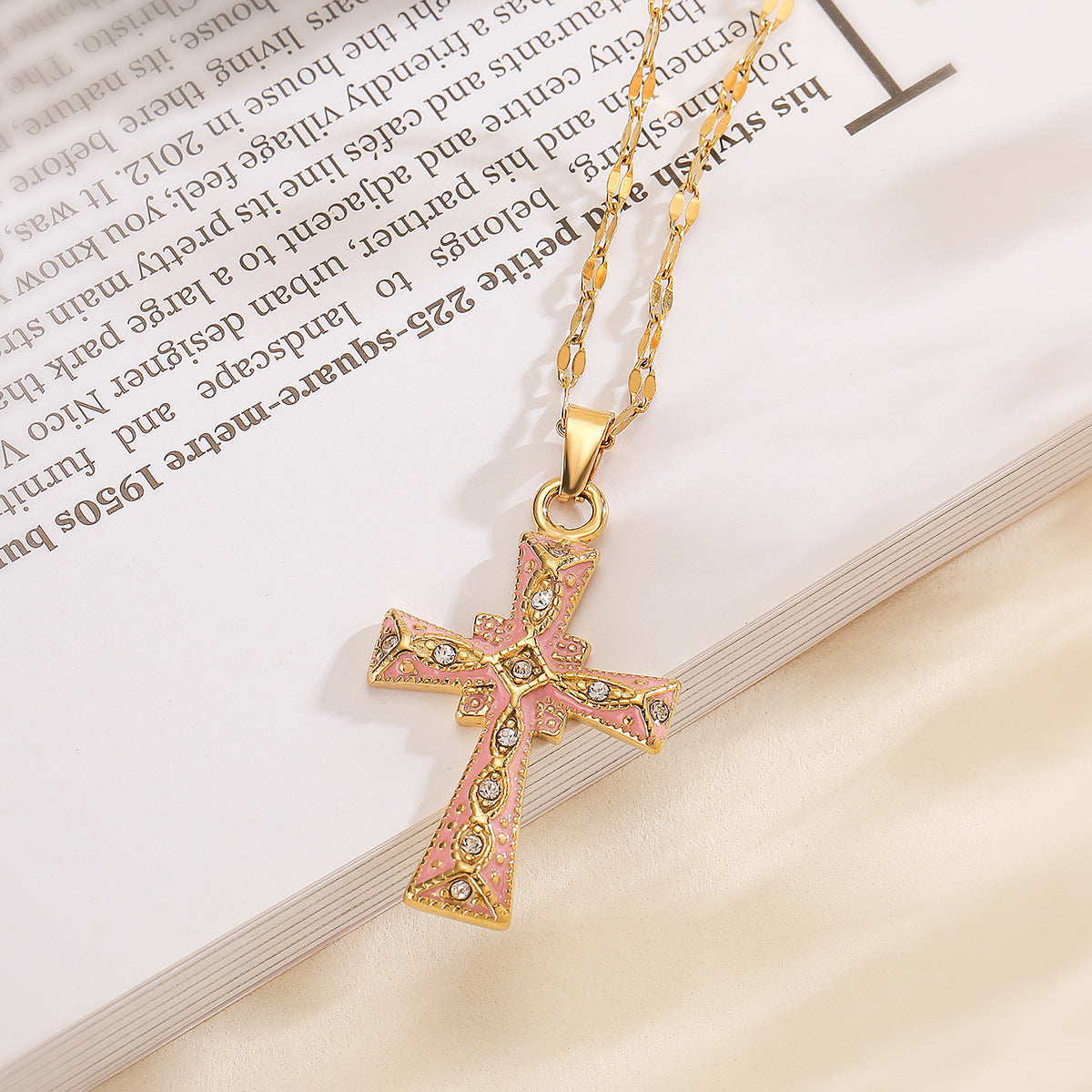 Minimalist Cross Pendant Necklace for Women in Copper with 18K Gold Plating and Enamel Finish
