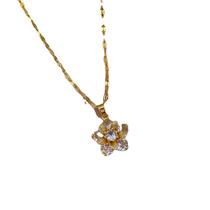 Cartoon-Style Geometric Snowflake Zircon Pendant Necklace for Women in Titanium Steel with Micro-Pavé Setting and Clavicle Chain