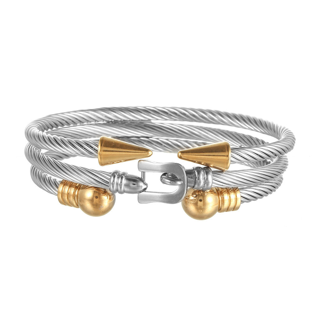 Punk Casual Geometric Titanium Steel Plated Rivet Belt Buckle Cuff Bracelet Set for Men and Women