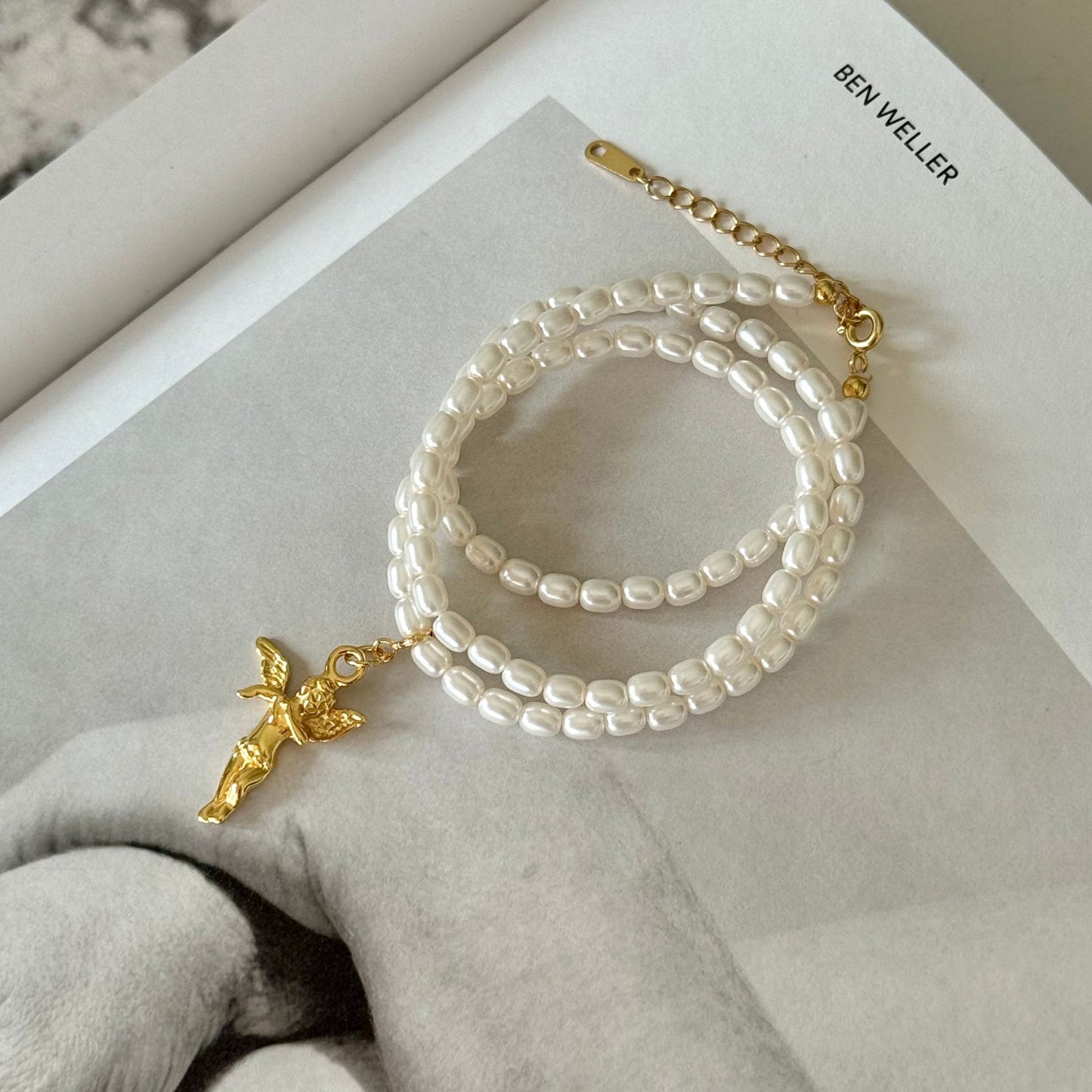 Minimalist French Style Angel Pendant Necklace for Women in 925 Sterling Silver with Cubic Zirconia and Artificial Pearl on Snake Chain