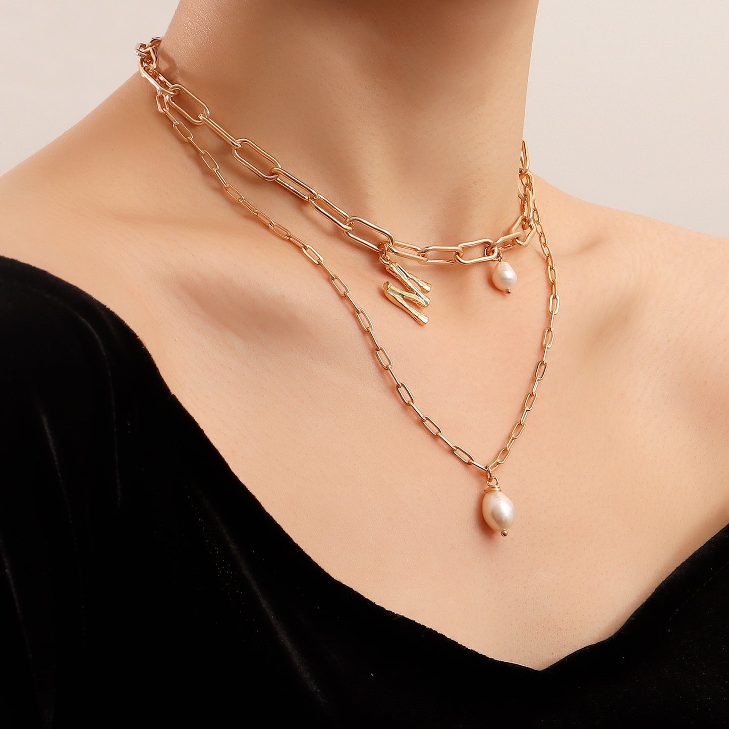 Punk Style Double-Layer Alloy Letter M Pendant Necklace for Women with Plated Finish and Clavicle Chain
