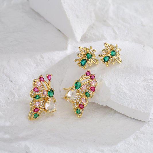 Minimalist Modern Geometric Bee and Butterfly Earrings in Copper with 18K Gold Plating and Micro-Pave Zirconia