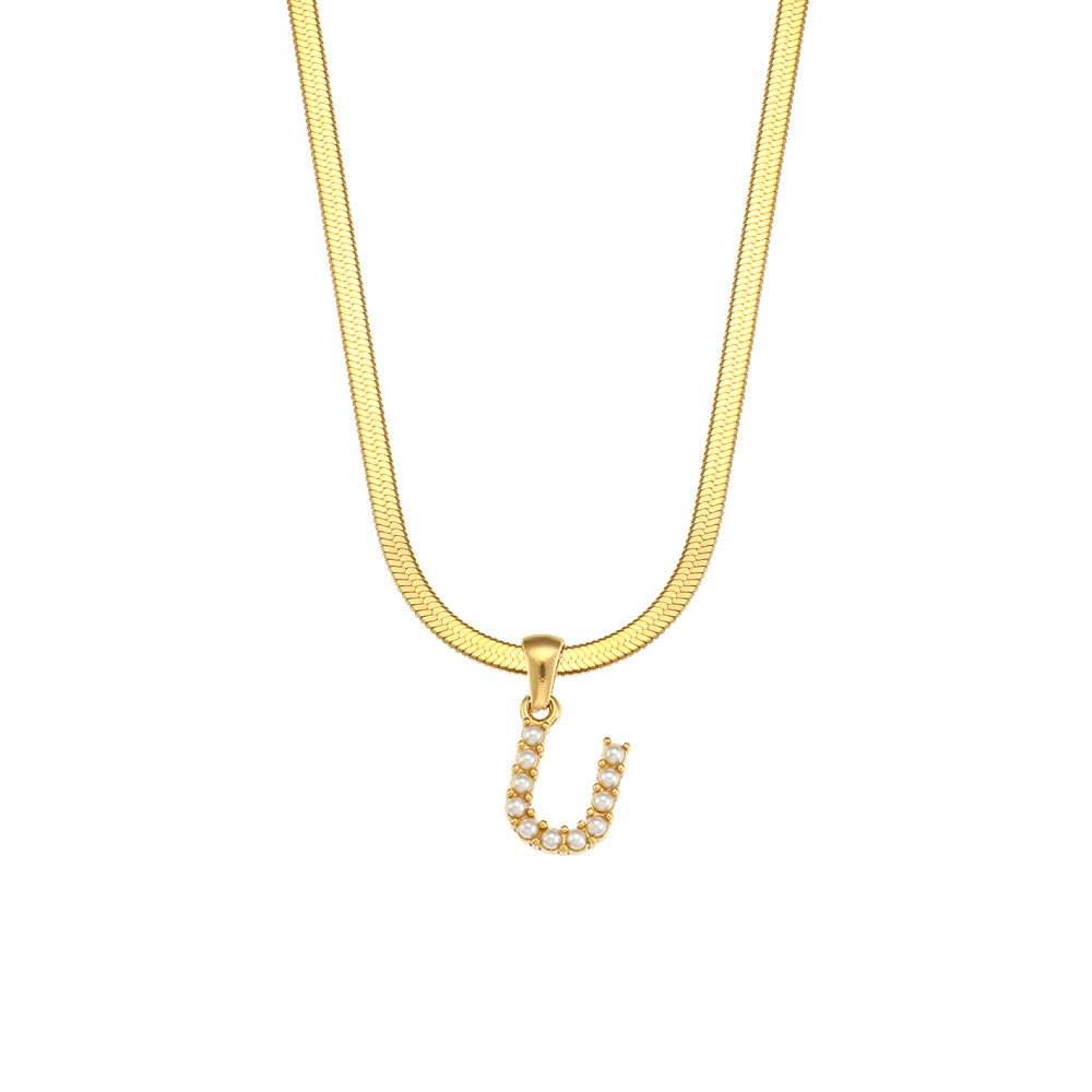 Fashionable Letter Pendant Necklace for Women Stainless Steel Plated 18K Gold Flat Snake Chain with Pearl Accent