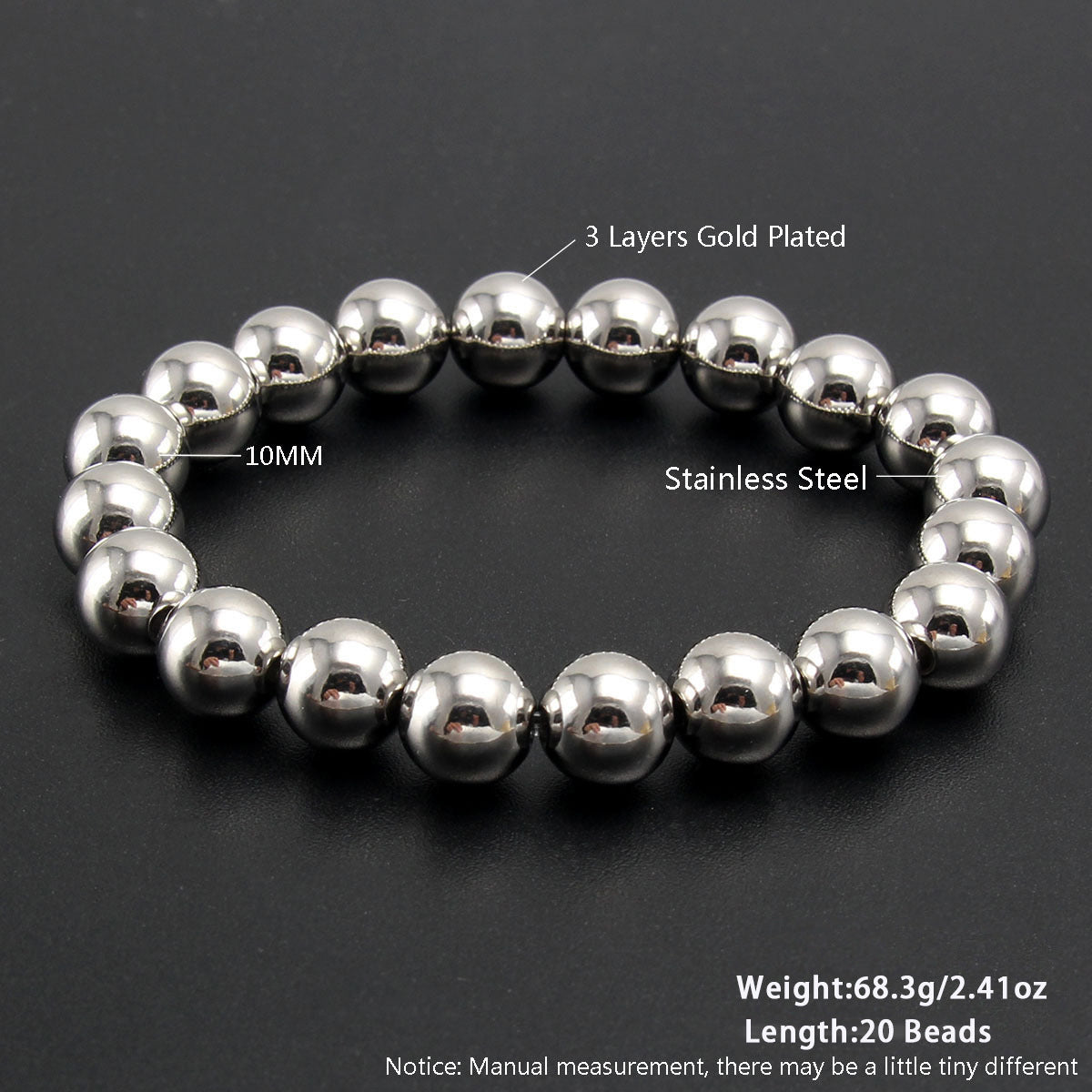 Gold Plated Stainless Steel Ball Chain Bracelet Unisex Elastic Beaded Hand String