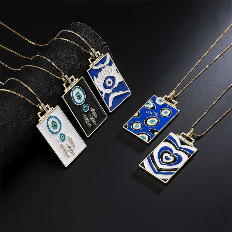 Vintage Square Geometric Drip Oil Inlay Brass Pendant Box Chain Necklace