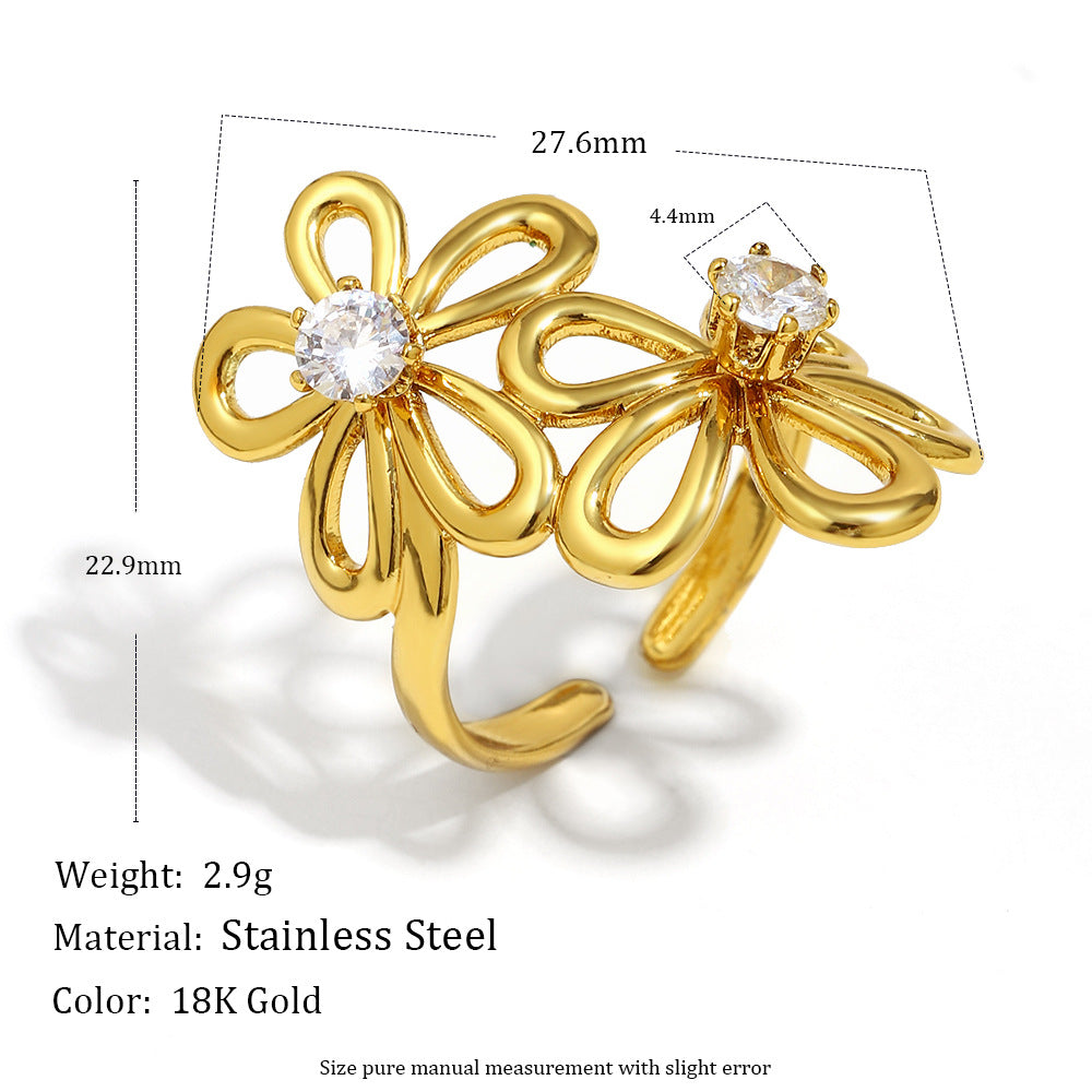 Anillo Minimalista Geométrico de Acero Inoxidable con Baño de Oro de 18K y Detalles Florales en Espiral de Circonita para Mujer