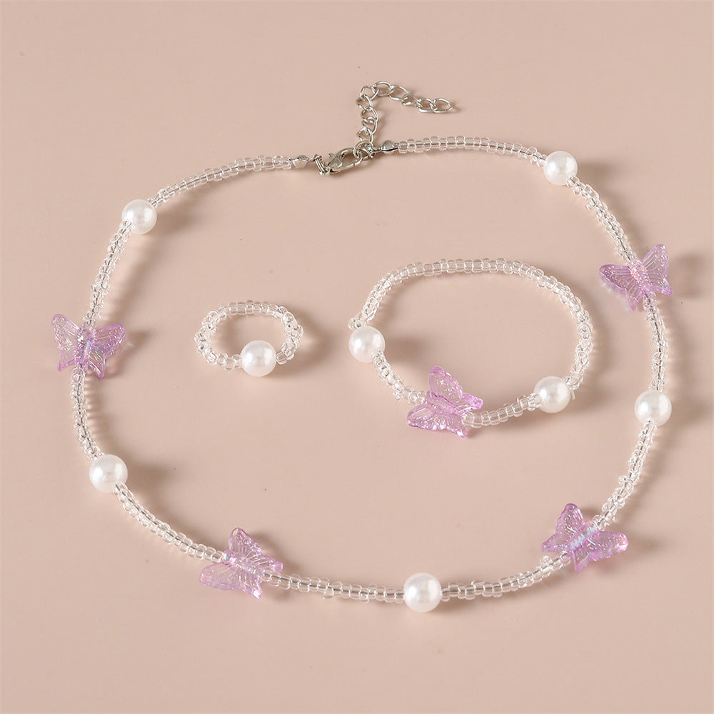 Precioso collar de resina con forma de mariposa para niñas con detalles de perlas, cadena de cuentas redondas, estilo princesa, para mayores de 6 años