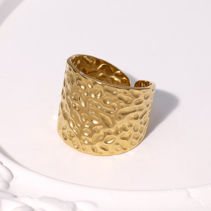 Minimalist Geometric Stainless Steel Open Ring with Hammered Texture and 18K Gold Plating for Women