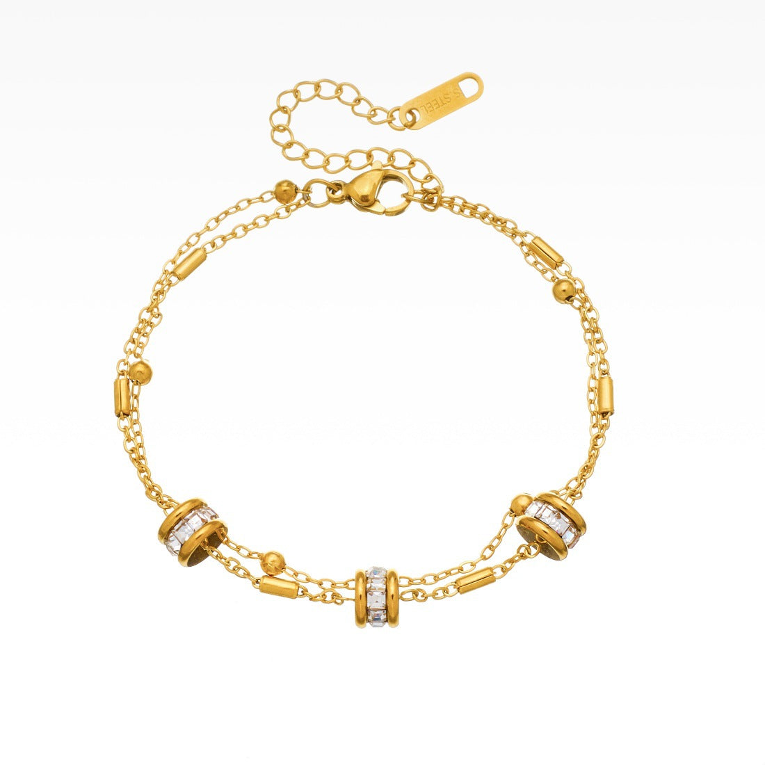 Elegant Gold Plated Stainless Steel Round Geometric Rhinestone Layered Bracelet for Women