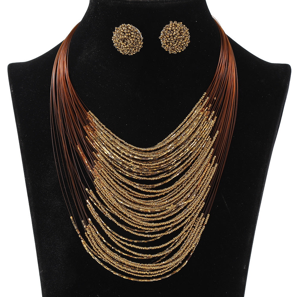 Bohemian Multi-Layer Glass Seed Bead Necklace and Earrings Set for Women with Pearl Chain and Four-Bean Pendant