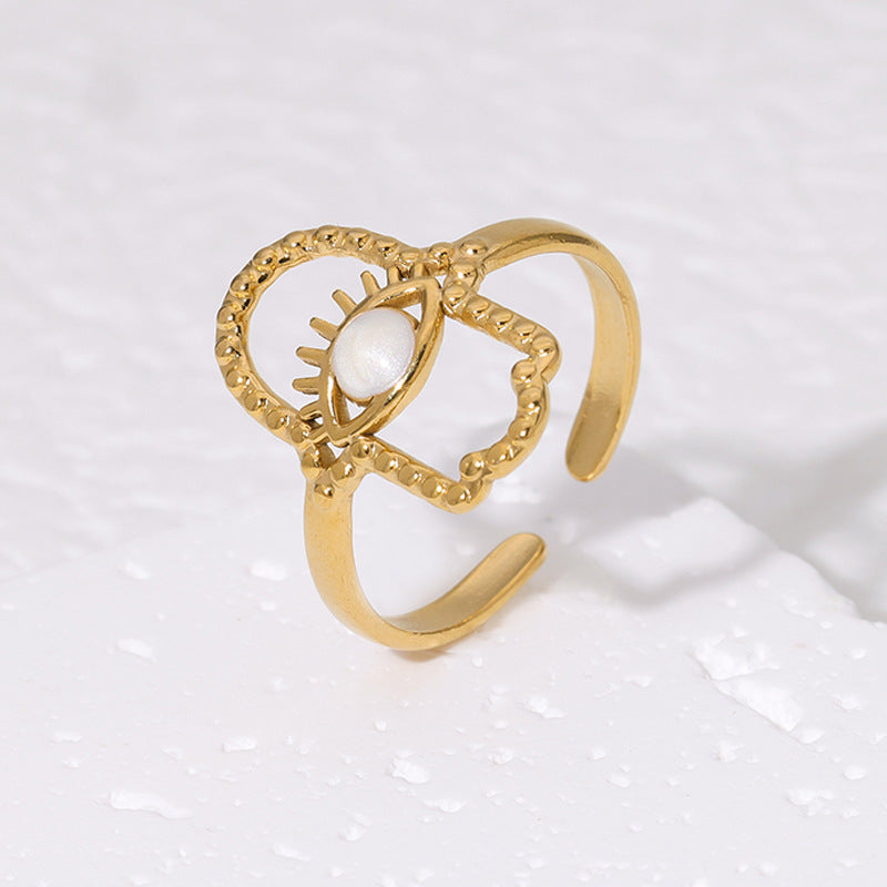 Anello Aperto Minimalista in Acciaio Inox con Occhio di Allah e Mano di Fatima Placcato Oro 18K