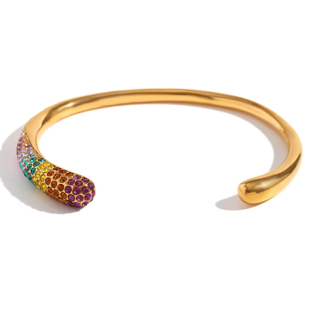 Fashionable Minimalist Snake Head Bracelet for Women Made of Stainless Steel with 18K Gold Plating and Micro-Paved Colored Rhinestones