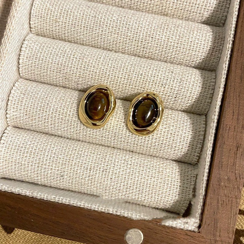 Pendientes de tuerca retro de ojo de tigre geométricos con baño de rodio para mujer, joyería de uso diario minimalista de lujo