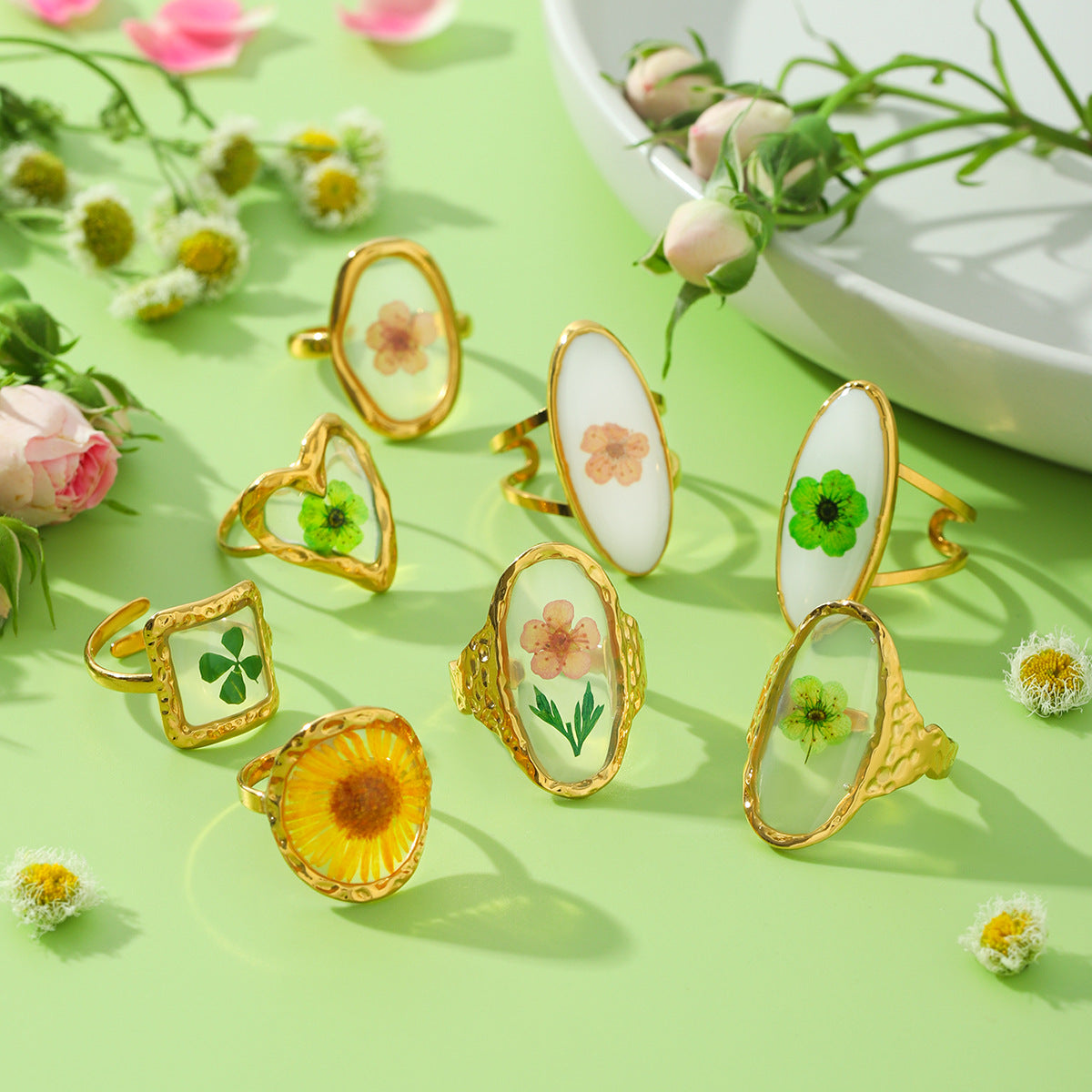 Ins Style 18K Gold Plated Stainless Steel Four Leaf Clover Daisy Flower Ring for Women