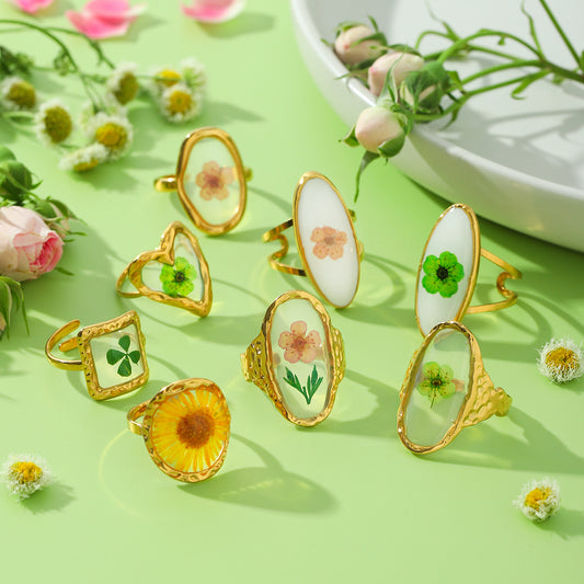 Ins Style 18K Gold Plated Stainless Steel Four Leaf Clover Daisy Flower Ring for Women