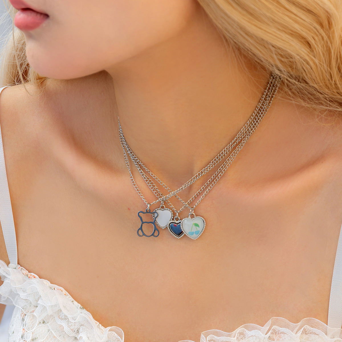Hip-hop Minimalist Heart Titanium Steel Plated Curb Chain Necklace Set for Women