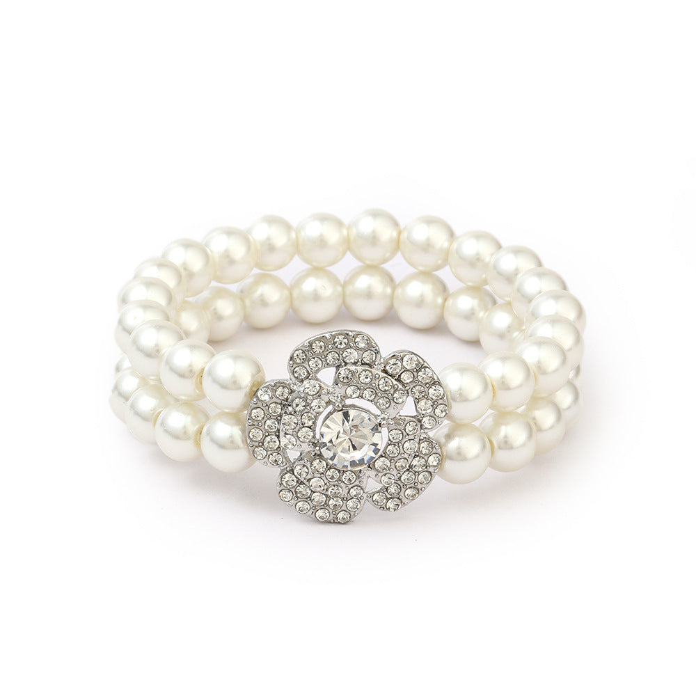 Juego de collar de perlas florales con pendientes y pulsera a juego para mujer, bisutería de estilo Art Déco con colgante de aleación y acabado chapado