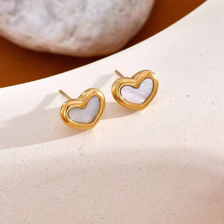 Parure Minimalista con Collana in Conchiglia di Abalone a Cuore, Catena in Acciaio al Titanio e Orecchini per Donna