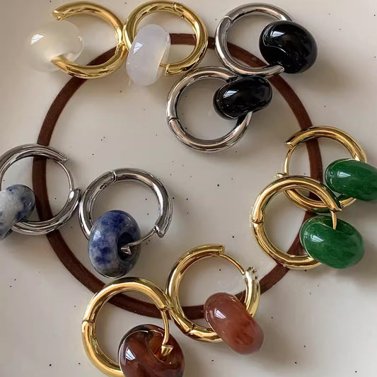 Pendientes minimalistas de acero inoxidable en forma de U con incrustaciones de ágata natural para hombre y mujer