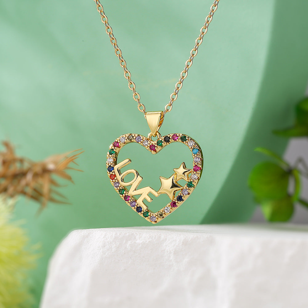 Minimalist Geometric Love Heart Pendant Necklace for Women with Copper Base Plated in 18K Gold and Zircon Inlay