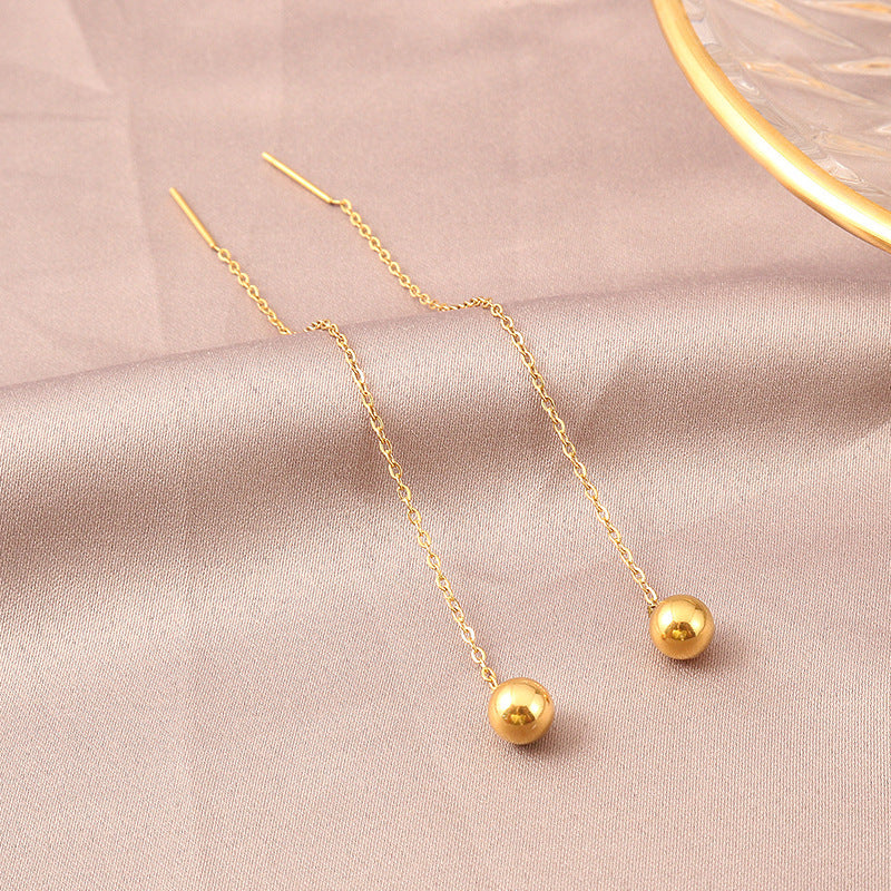 Minimalist Elegant 18K Gold Plated Titanium Steel Geometric Round Bead Long Drop Earrings for Women