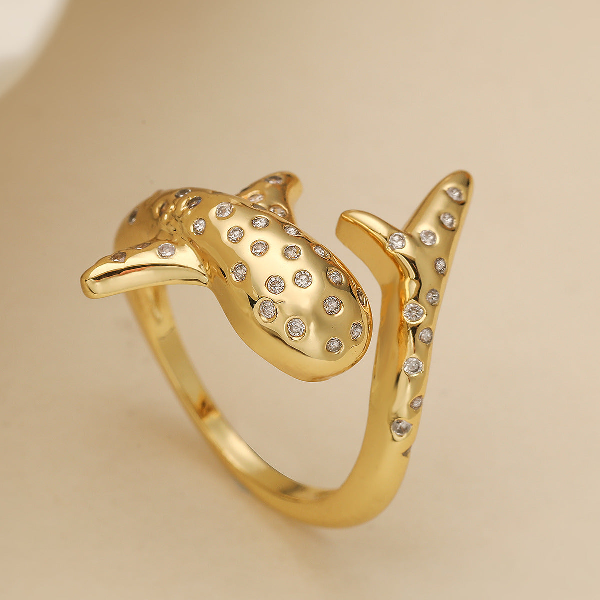 Minimalist Geometric Dolphin Ring for Women in Copper with 18K Gold Plating and Zircon Inlay
