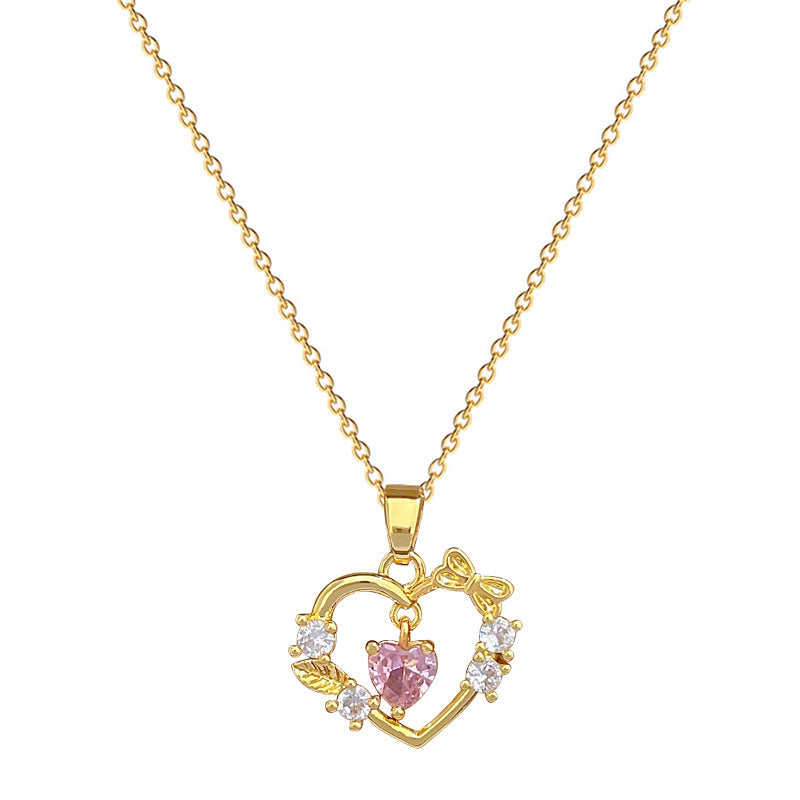 Elegant Heart Bow Pendant Necklace for Women Stainless Steel Chain with Rhinestone Accents Minimalist Geometric Design