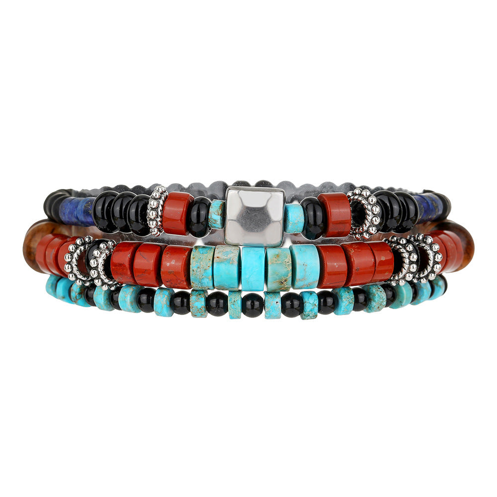 Vintage Bohemian Geometric Round Alloy Gemstone Beaded Bracelet Set for Men and Women