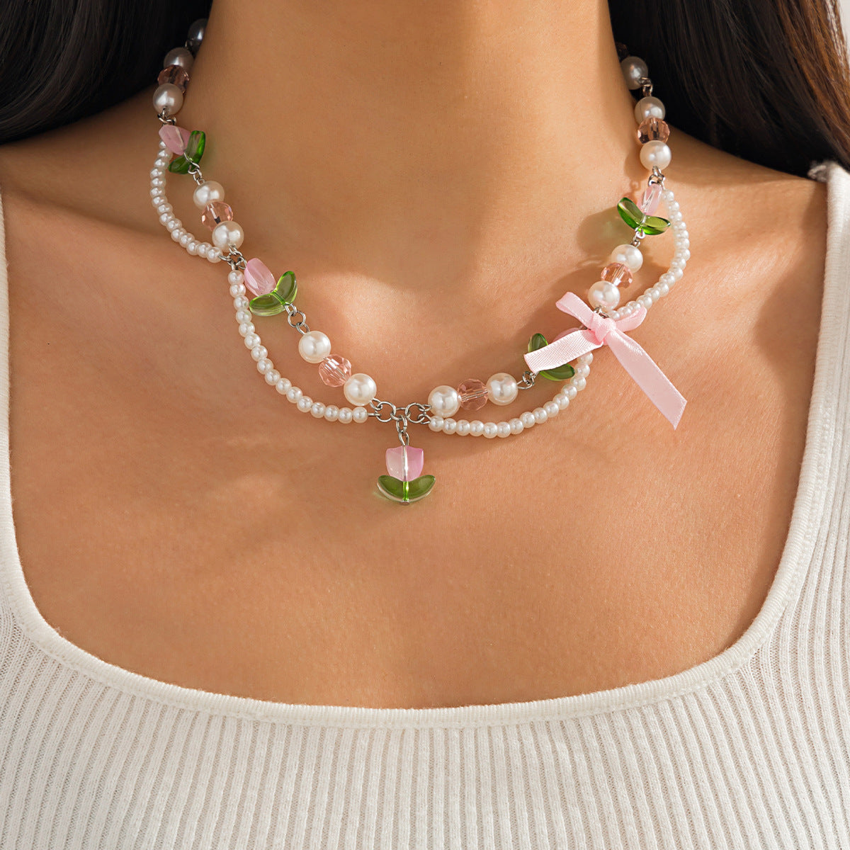 Ins Style Strawberry Pendant Necklace with Pearl-Look Beads, Heart and Star Charms, Tassel Accents, Plated Alloy, Handmade Chain for Women