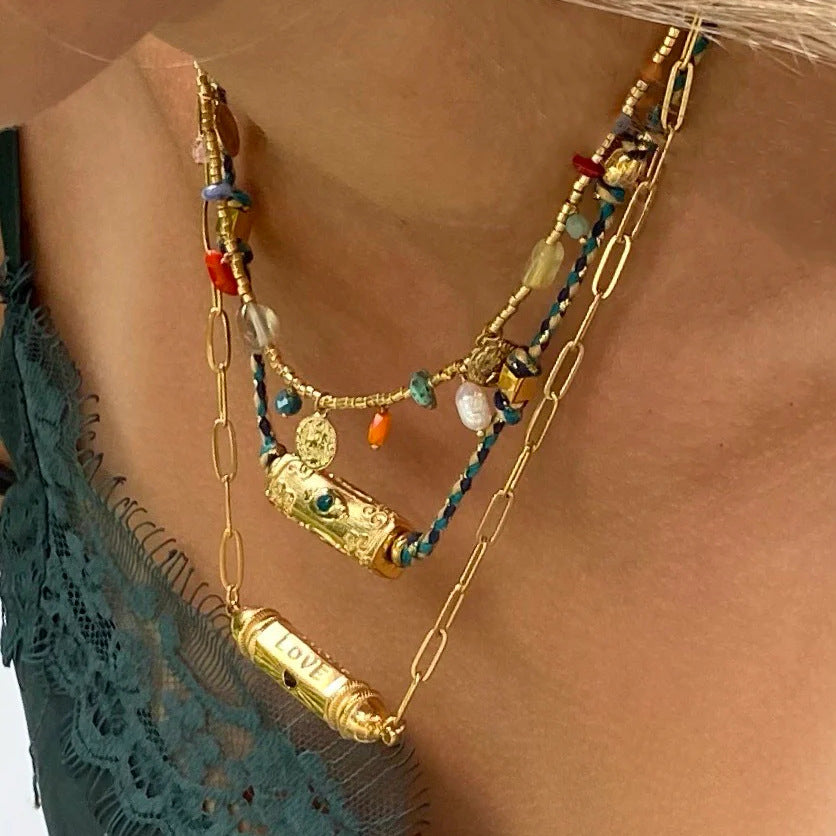 Geometric Star-Eye Pendant Necklace in Gold-Plated Copper for Women with Tarot-Inspired Colorful Design