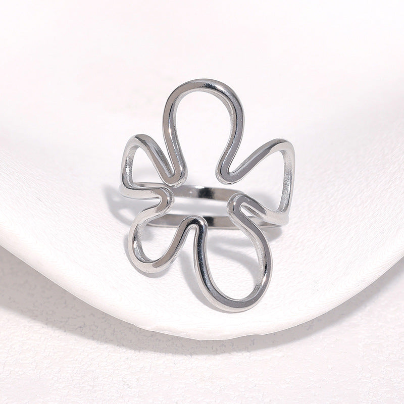 Sweet Minimalist Hollow Flower Plated Stainless Steel Ring for Women